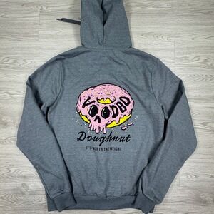Voodoo Doughnut Men's Zip Up Hoodie Gray‎ XS Graphic Logo It's Worth The Weight